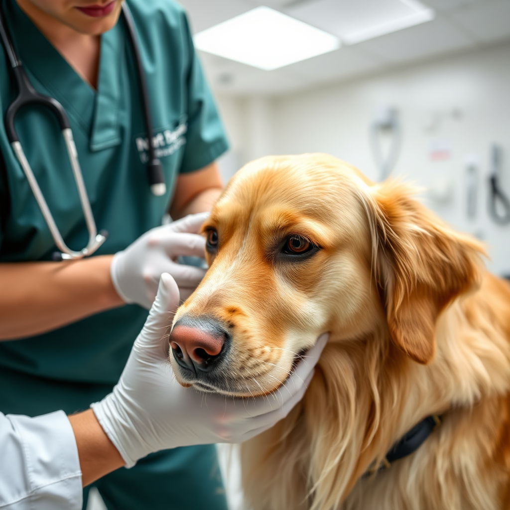 Veterinarian examining a golden retriever in a clinic