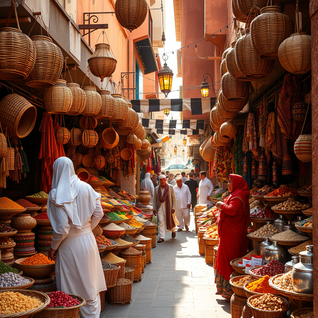 Colorful spice market in Marrakech with merchants