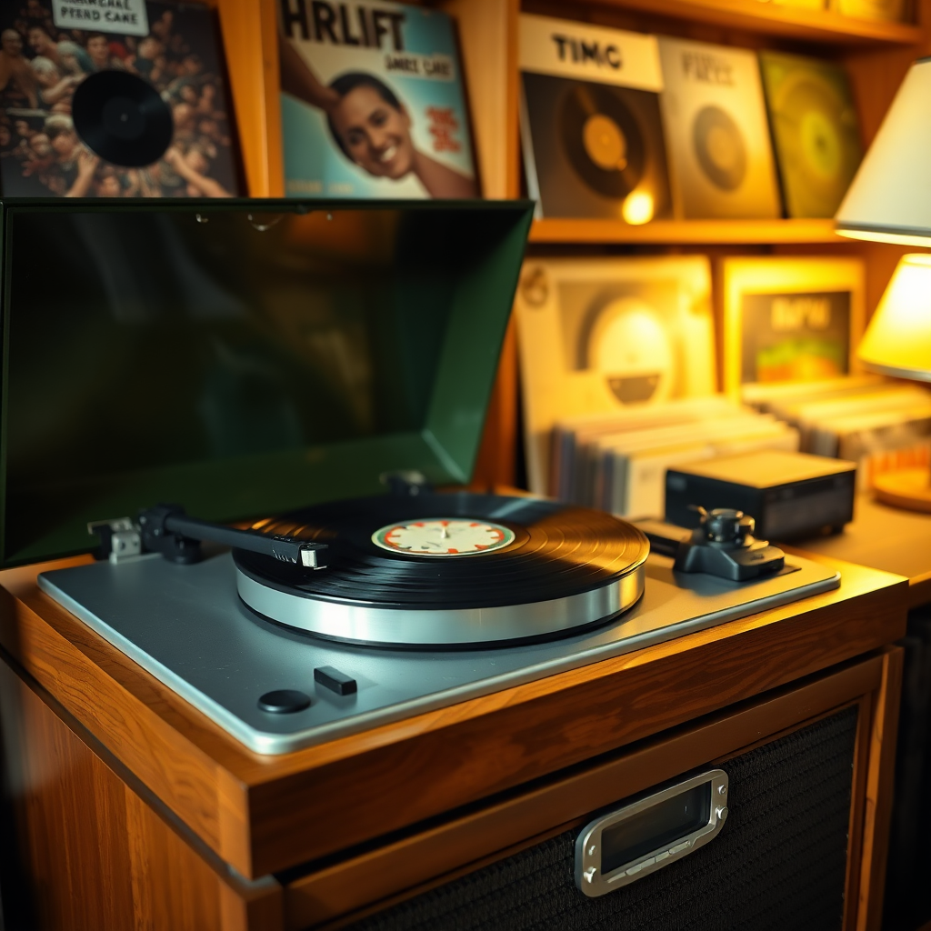 Vintage record player with spinning vinyl record