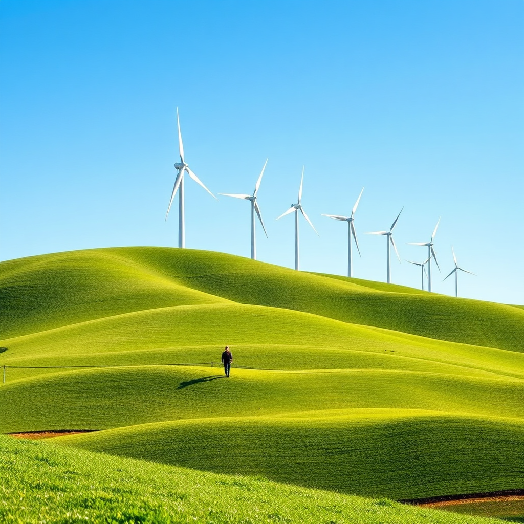 Wind turbines on a green hillside generating clean energy