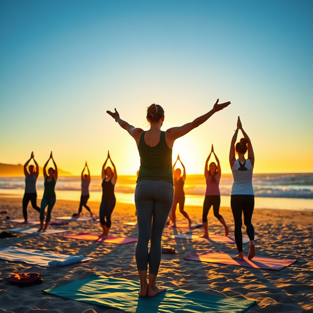 Group yoga class on the beach at sunrise