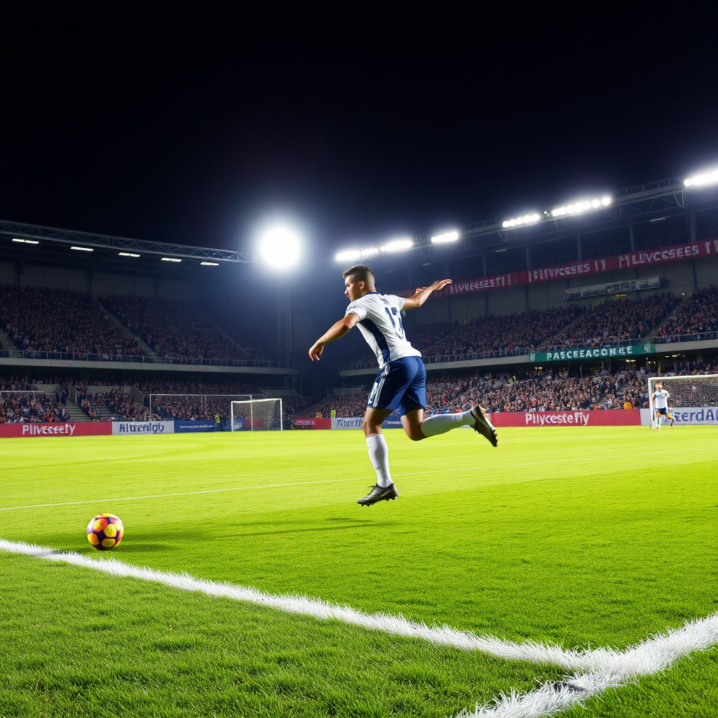 Soccer player kicking a ball during a night match