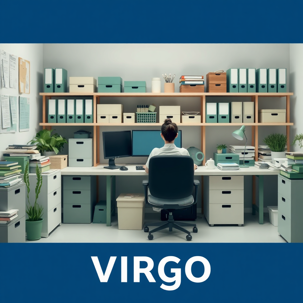 A clean and organized image representing Virgo energy. A meticulously organized workspace with a person working diligently at a desk. The color palette is calm and practical, with greens, blues, and grays dominating the scene. The style is precise and efficient, conveying a sense of order and progress. Technical specs: high resolution, clear lighting, sharp details.