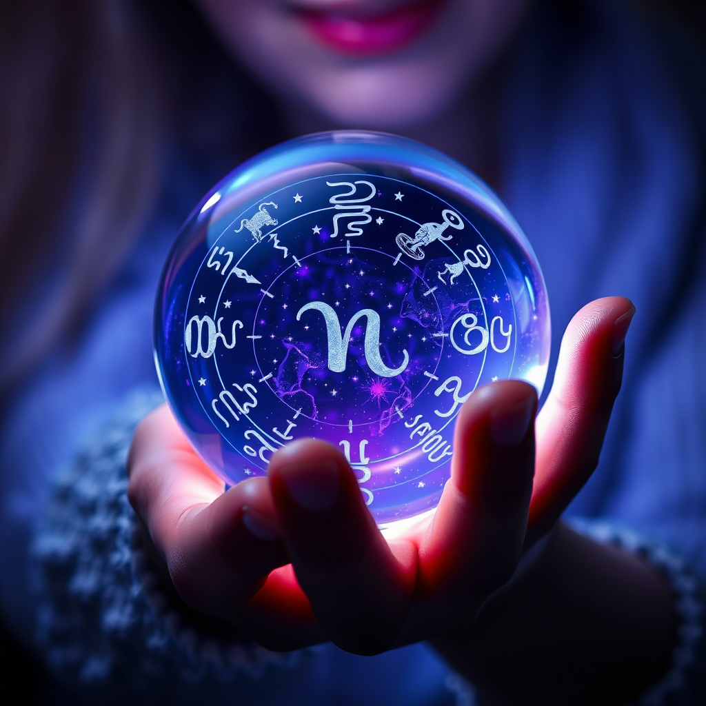 A close-up image of a hand holding a glowing crystal ball. Inside the ball, zodiac symbols swirl around, representing personalized insights. The color palette is mystical and enchanting, with deep blues, purples, and silvers dominating the scene. The lighting is soft and ethereal, creating a sense of wonder and mystery. Technical specs: high resolution, detailed textures, soft lighting.