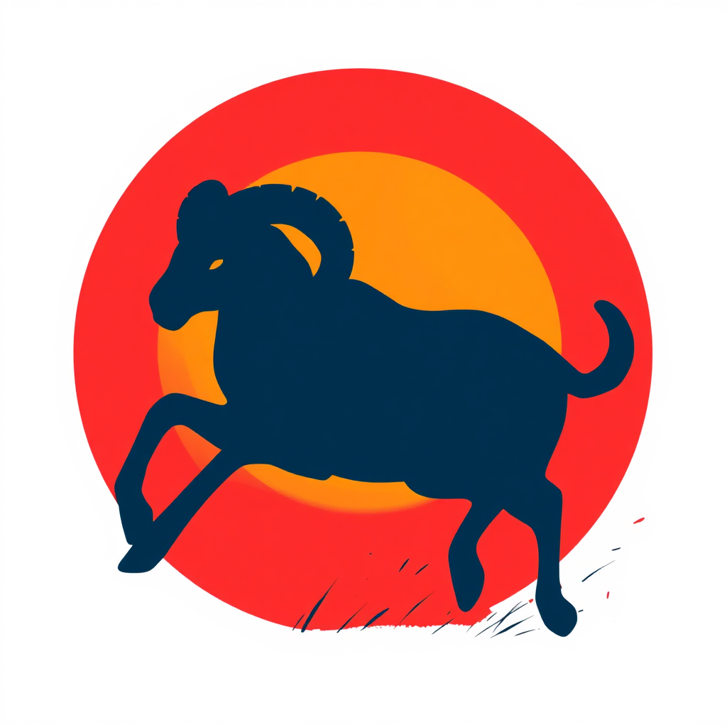 A dynamic and stylized image representing Aries energy. A ram silhouette charging forward against a backdrop of a fiery sunrise. The color palette is bold and energetic, with reds, oranges, and golds dominating the scene. The style is modern and abstract, conveying a sense of power and action. Technical specs: high resolution, vibrant colors, sharp lines.