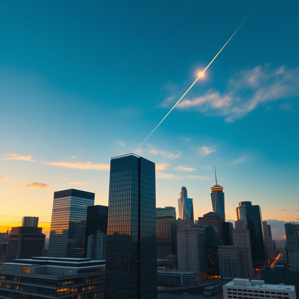 A photorealistic image depicting a modern office skyline at sunrise. A single shooting star streaks across the sky, symbolizing opportunity. The color palette is a blend of cool blues and warm golds, representing ambition and success. The camera angle is slightly high, emphasizing the vastness of the city. Texture details include glass, steel, and concrete. Style reference: a blend of modern realism and aspirational imagery.