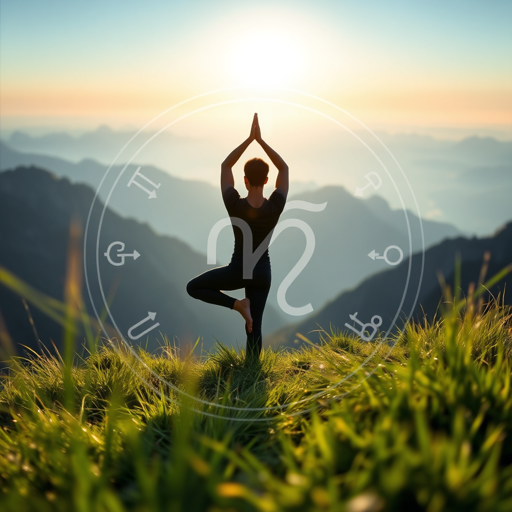 A photorealistic image depicting a person practicing yoga in a serene natural setting, such as a mountain top at dawn. The zodiac symbol associated with health is subtly embedded in the landscape. The color palette is a blend of calming greens and blues, representing balance and harmony. The camera angle is slightly low, emphasizing the connection between the person and nature. Texture details include soft grass, clear sky, and gentle sunlight. Style reference: a blend of natural realism and wellness imagery.