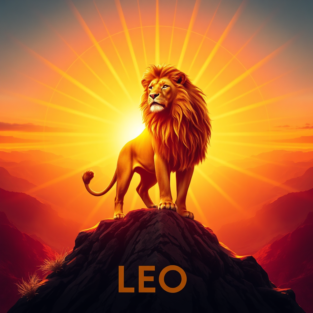 A radiant and confident image representing Leo energy. A lion standing proudly atop a mountain peak at sunrise. The color palette is bold and majestic, with golds, oranges, and reds dominating the scene. The style is powerful and inspiring, conveying a sense of confidence and leadership. Technical specs: high resolution, dramatic lighting, sharp details.