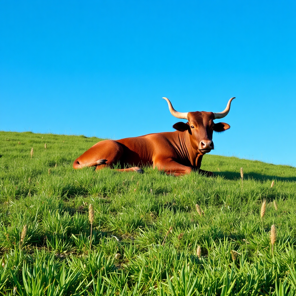 A serene and grounded image representing Taurus energy. A lush green meadow with a bull resting peacefully under a clear blue sky. The color palette is calming and natural, with greens, browns, and blues dominating the scene. The style is peaceful and harmonious, conveying a sense of stability and abundance. Technical specs: high resolution, soft lighting, detailed textures.