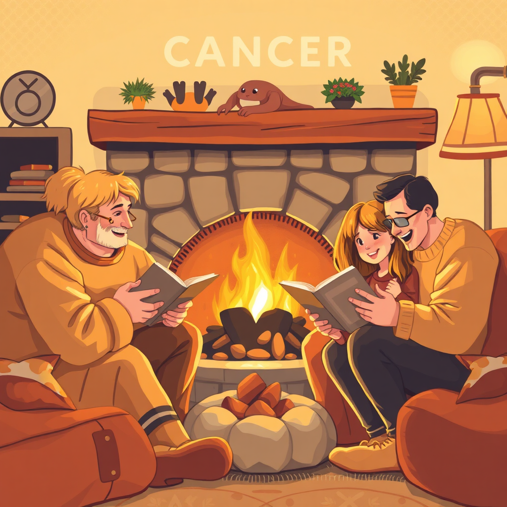 A warm and nurturing image representing Cancer energy. A family gathered around a cozy fireplace, sharing stories and laughter. The color palette is comforting and inviting, with warm yellows, oranges, and browns dominating the scene. The style is heartwarming and intimate, conveying a sense of love and belonging. Technical specs: high resolution, soft lighting, detailed textures.
