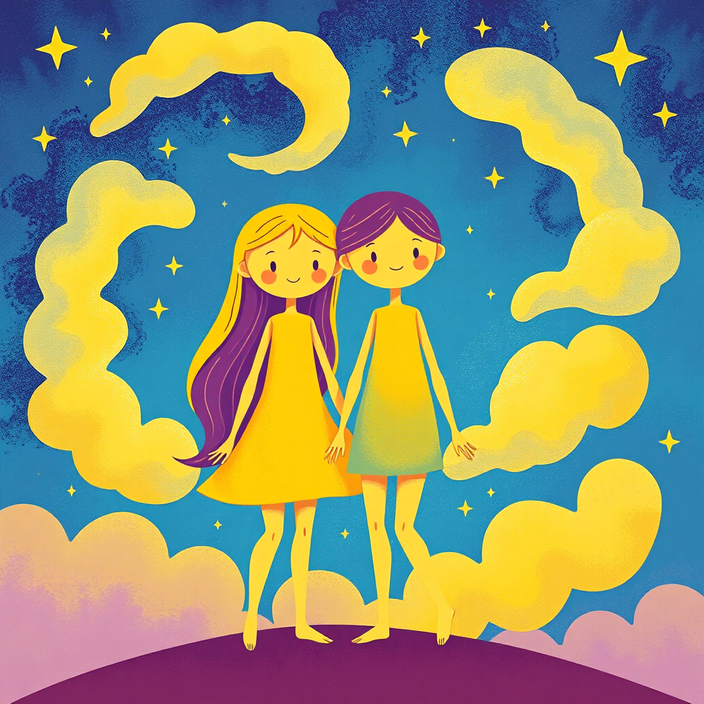 A whimsical and adaptable image representing Gemini energy. Two stylized figures standing side-by-side against a backdrop of swirling clouds and stars. The color palette is playful and vibrant, with yellows, blues, and purples dominating the scene. The style is imaginative and dynamic, conveying a sense of curiosity and adventure. Technical specs: high resolution, vibrant colors, dynamic composition.