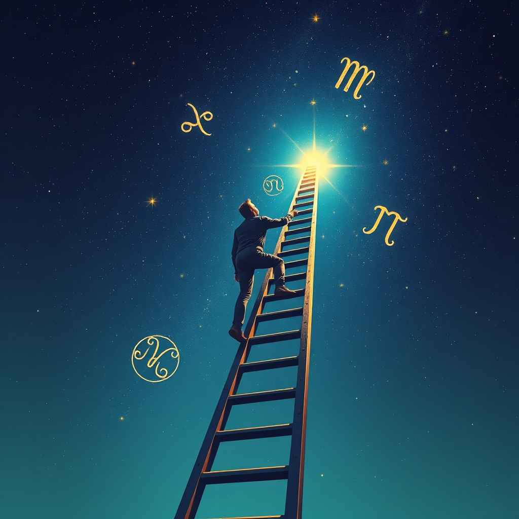 An image depicting a person climbing a ladder towards a starry sky, symbolizing career advancement. Zodiac symbols are subtly embedded in the stars, representing astrological guidance. The color palette is aspirational and motivating, with blues, greens, and golds dominating the scene. The style is ambitious and determined, conveying a sense of progress and success. Technical specs: high resolution, dynamic lighting, sharp details.