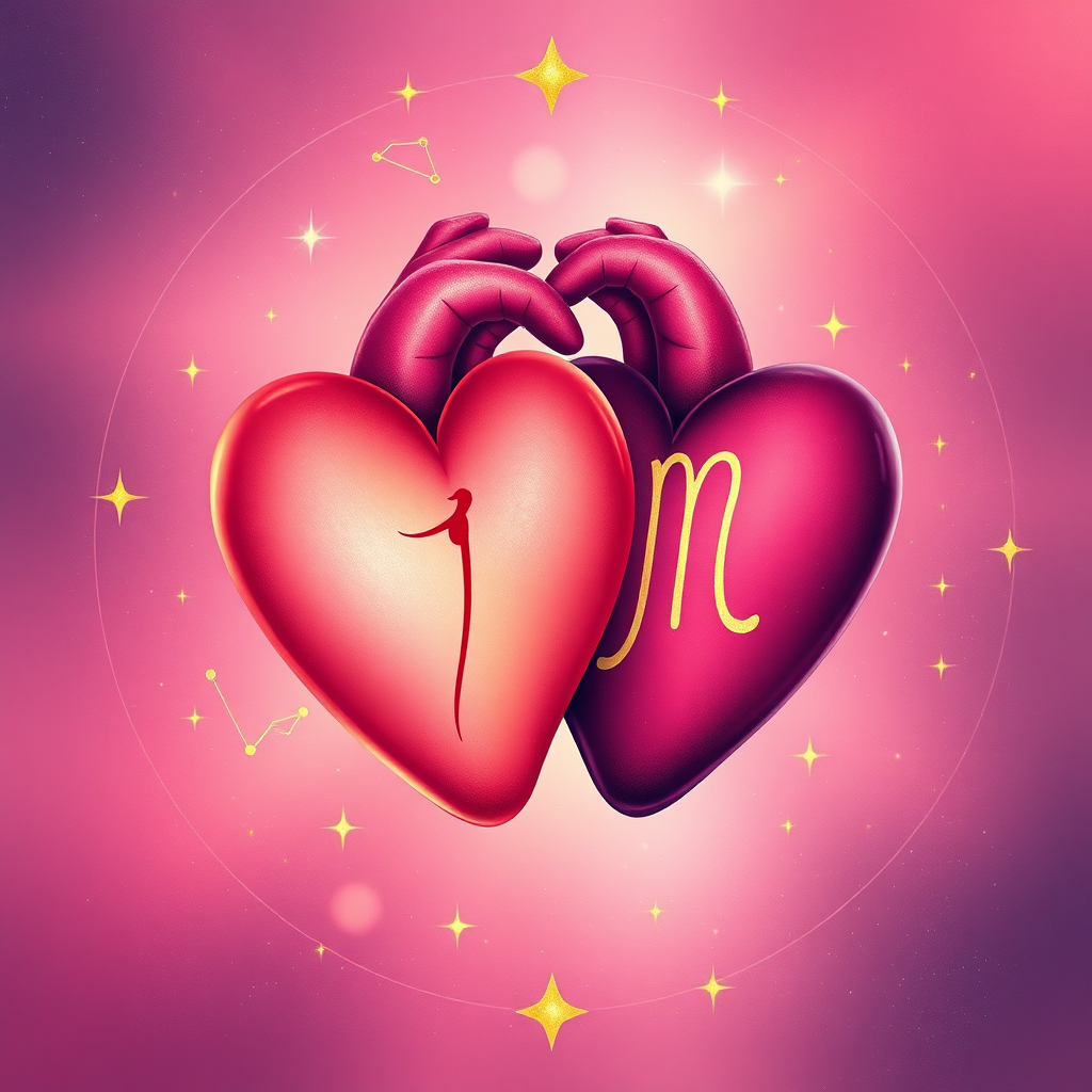 An image depicting two intertwined hearts, each representing a different zodiac sign. The hearts are surrounded by stars and constellations, symbolizing astrological connection. The color palette is warm and romantic, with pinks, purples, and golds dominating the scene. The style is harmonious and balanced, conveying a sense of love and connection. Technical specs: high resolution, soft lighting, detailed textures.