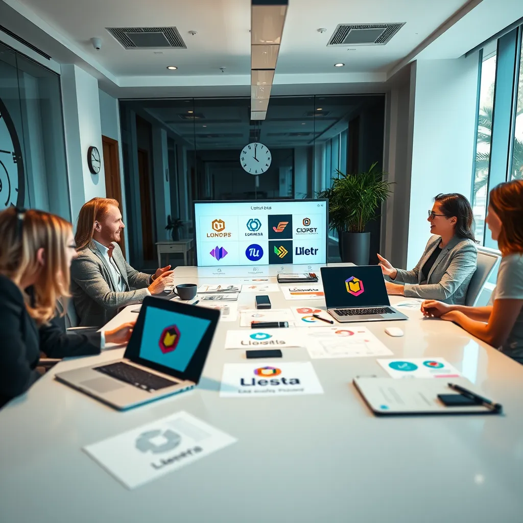 A branding specialist presenting various logo options on a stylish conference table, surrounded by a team of engaged clients in a modern office. The room is illuminated with bright, even lighting that promotes collaboration and creativity. The color palette is sleek with a combination of neutral tones and vibrant pops of color from the logo designs displayed on paper and digital screens. The camera angle captures a wide view of the table filled with branding materials, sketches, and a laptop showing dynamic logo animations. Environmental details include stylish office decor and a wall clock, emphasizing professionalism. The participants are excitedly discussing ideas, reflecting a lively and productive atmosphere. The image should depict a high-end corporate style, ensuring fine details in textures of the materials presented. The final artwork must be ultra-detailed and rendered in 8K resolution, encapsulating the essence of innovative branding.