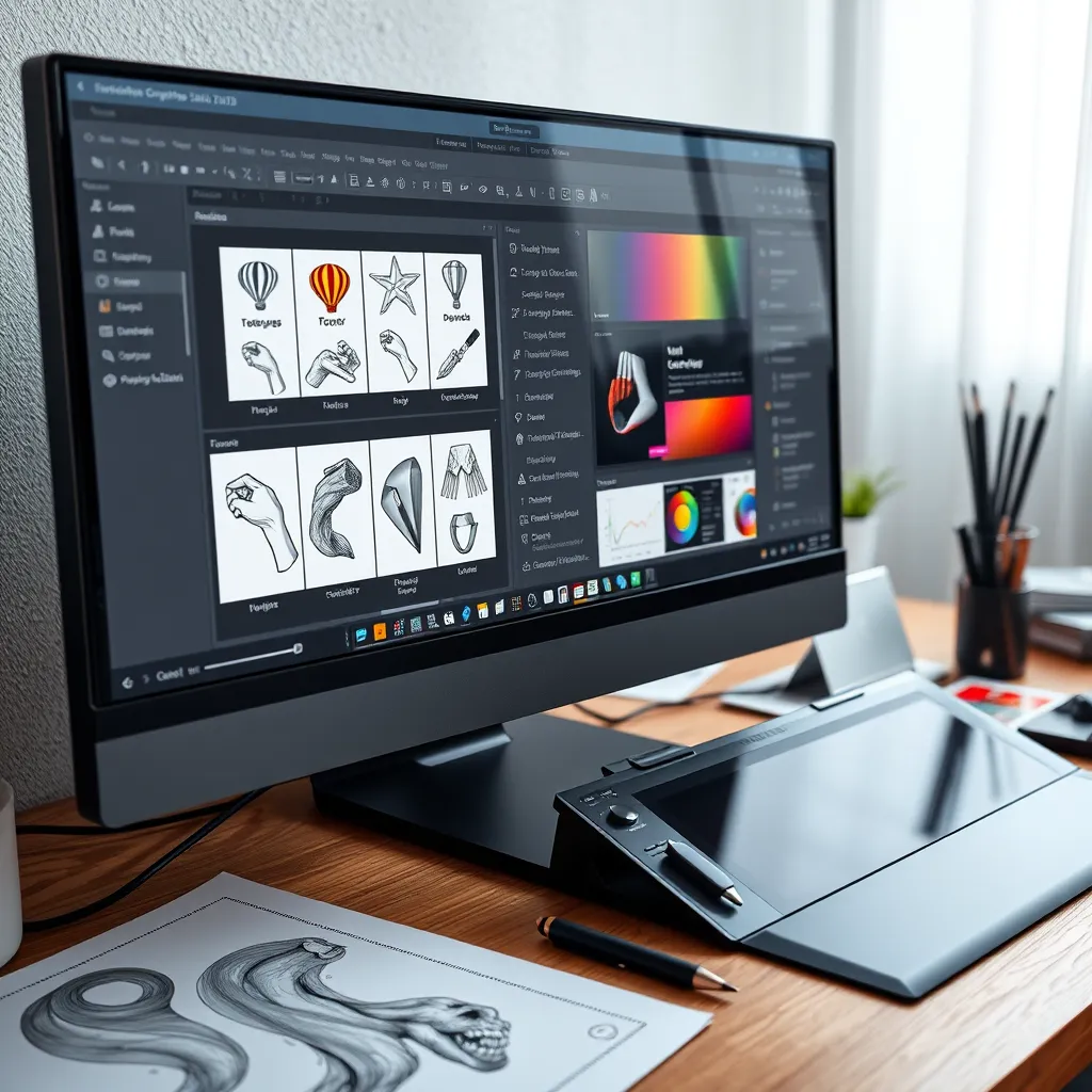 A close-up view of a computer screen displaying various tools and features of CorelDRAW Graphics Suite 2024, including vector illustrations and photo editing options. Surrounding the computer should be design sketches, color swatches, and a digital drawing tablet, emphasizing a professional-grade design workflow.