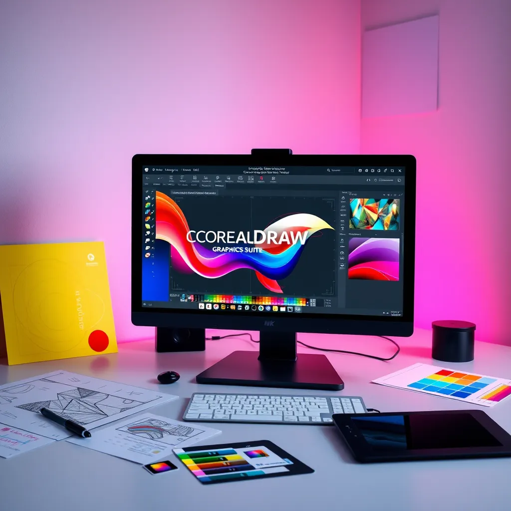 A contemporary workspace featuring a computer screen displaying CorelDRAW Graphics Suite 2024, with vibrant graphics being edited. Surrounding elements include design sketches, a digital pen tablet, and color swatches, emphasizing a modern and creative atmosphere.