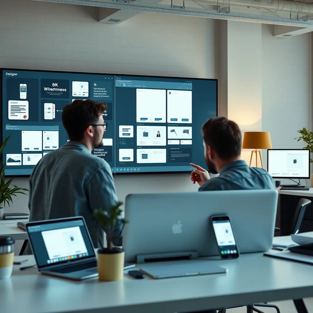 A creative workspace featuring a designer collaborating with a developer, showcasing digital tools and wireframes on a large screen. The environment should feel modern and professional, with a large display showing responsive design mockups across different devices, including a laptop, tablet, and smartphone.