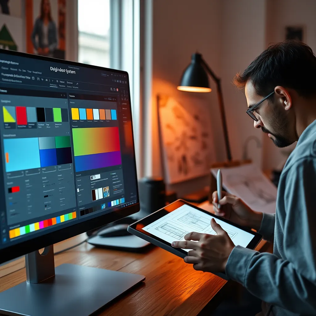 A detailed view of a digital design system interface on a computer screen. Elements such as color swatches, typography styles, and component libraries are visible. In the background, a designer is working on a tablet with sketches and designs, showcasing a workflow that ensures consistency.