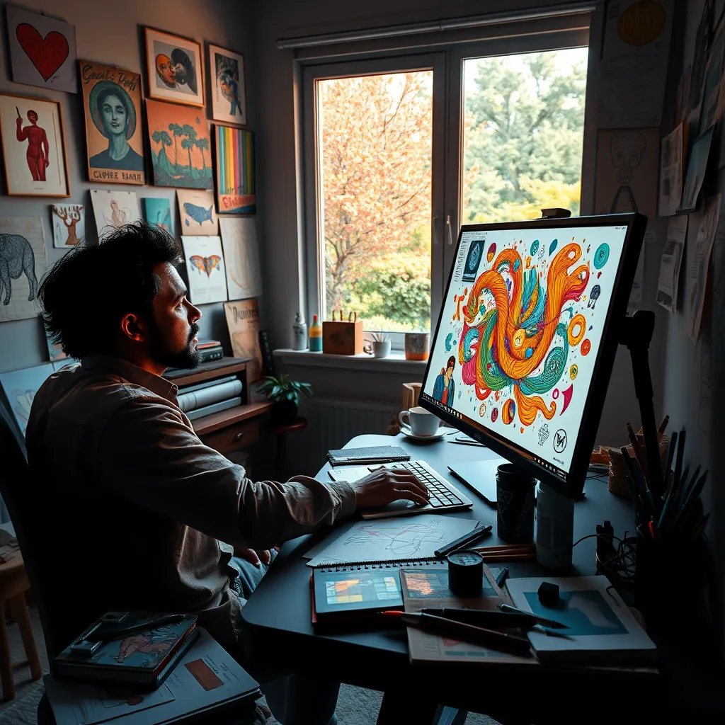 A digital artist passionately working on an intricate vector illustration in CorelDRAW Graphics Suite 2024. The artist is positioned in a cozy, well-organized studio filled with artwork and colorful sketches on the walls. The workspace is illuminated by dramatic side lighting that highlights the artist’s meticulous attention to detail. The color palette is rich with deep tones contrasted against bright highlights, evoking a creative and energetic mood. The camera angle captures both the artist and a large screen showing the vector file brimming with colors and shapes. Textures of the artist's sketchbooks and vibrant art supplies surround the workspace. The background includes a window with a view of a tranquil garden, allowing natural light to filter in. This scene channels the dynamic and engaging style of contemporary digital art photography. The output should be hyperrealistic, ensuring every texture and detail is crystal clear, created in 8K resolution.