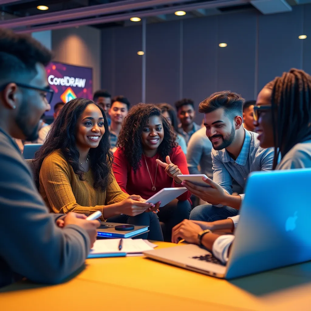 A dynamic scene depicting a diverse group of individuals attending a virtual workshop on CorelDRAW Graphics Suite 2024. Elements such as laptops, notebooks, and virtual screens showcase engaging learning materials and a collaborative environment.