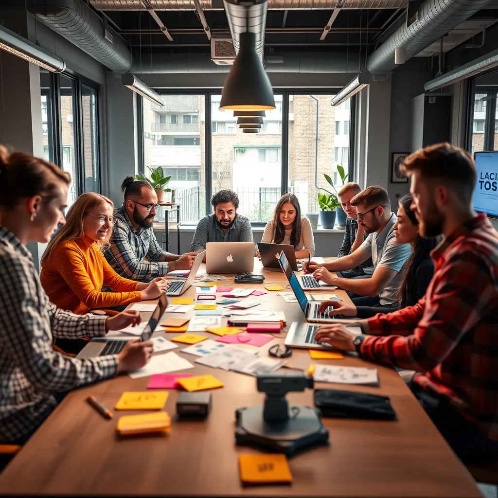 A modern creative workspace showing a diverse group of designers and developers in casual discussion around a large table with design mockups and laptops. Brightly colored notes and sketches are scattered around, highlighting collaboration and teamwork in a vibrant atmosphere.