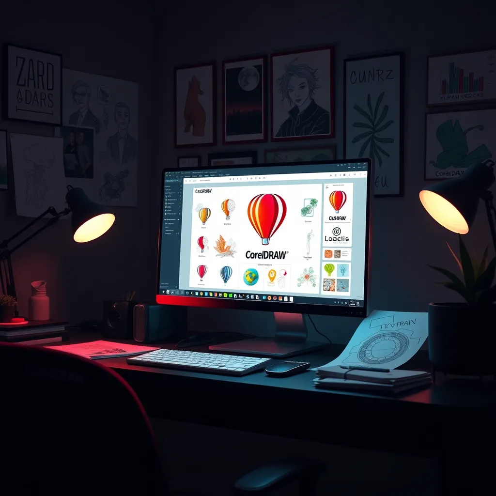 A modern graphic designer's workspace featuring a computer screen displaying CorelDRAW's latest interface with AI-powered tools in action. Include vibrant vector illustrations gradually transforming from sketches to polished designs, capturing a blend of creativity and technology in a cozy environment with design sketches scattered around.