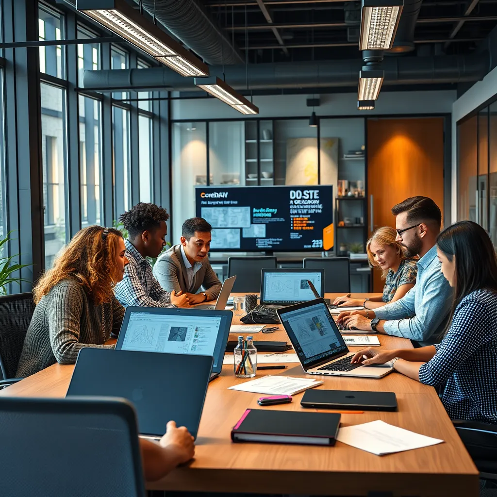 A modern office setting with a diverse group of designers gathered around a large table, collaboratively working on a project using CorelDRAW on their laptops. The scene should capture teamwork, creativity, and digital interaction, with visible design elements on screens and notepads.