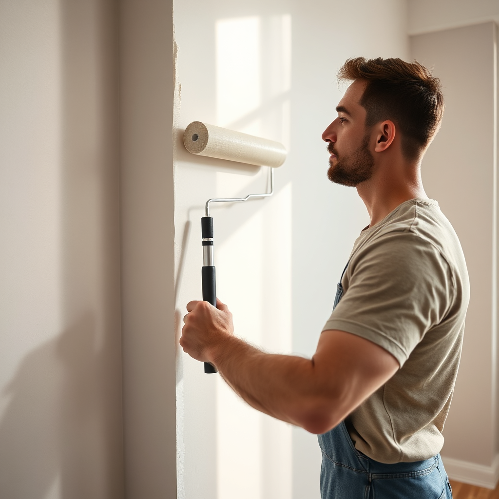 Man painting an interior wall with a roller