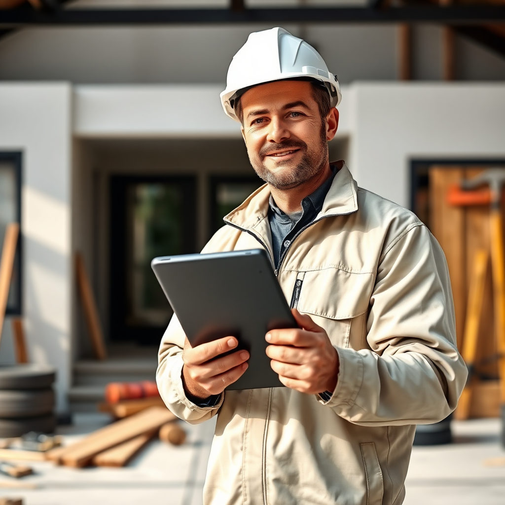 Contractor in hard hat using a tablet