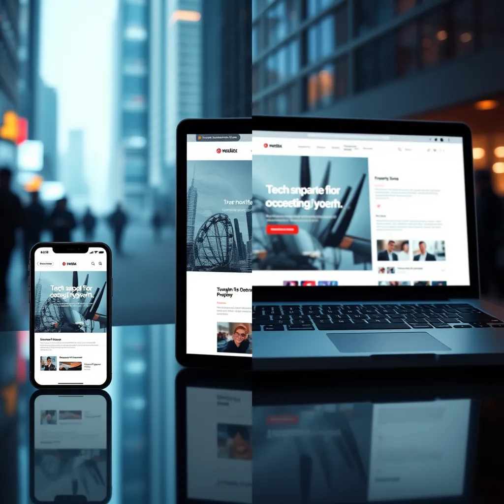 A side-by-side comparison of a website viewed on different devices, including a smartphone, tablet, and laptop. The website should adapt visually across the screens, demonstrating its responsive design. Include a background that suggests a tech-savvy, urban environment.