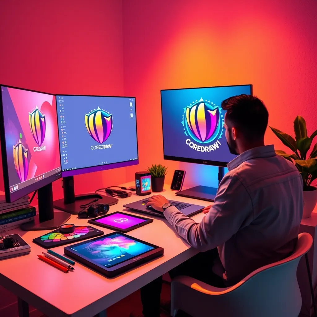A skilled graphic designer at a modern workspace, intently creating a vibrant logo using CorelDRAW Graphics Suite 2024. The designer is seated at a sleek, contemporary desk cluttered with colorful graphic tablets and design tools. The workspace is illuminated with soft diffused lighting, creating a warm and inviting atmosphere. The color palette features bright, bold hues that showcase the creative process. A large monitor displays a detailed logo in progress, showcasing vector art and textures. The camera angle is over-the-shoulder, capturing the designer’s focused expression and the intricate details of the design on screen. Surrounding elements include inspirational design books stacked neatly and a potted plant adding a touch of nature. The stylistic reference is inspired by contemporary workspace photography, ensuring high clarity and detail. The image should be rendered in 8K resolution with hyperrealistic textures emphasizing the professional environment.