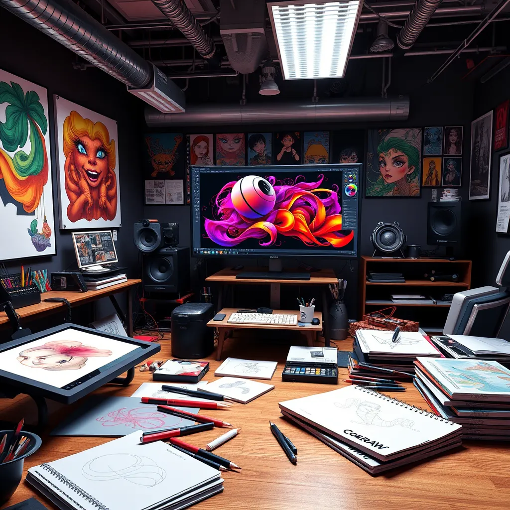 A spacious graphic design studio filled with creative tools like drawing tablets, sketchbooks, and a large computer screen displaying the CorelDRAW interface with vibrant, complex designs. The environment should feel inspiring and dynamic, with colorful artwork and a sense of artistic vibrancy.