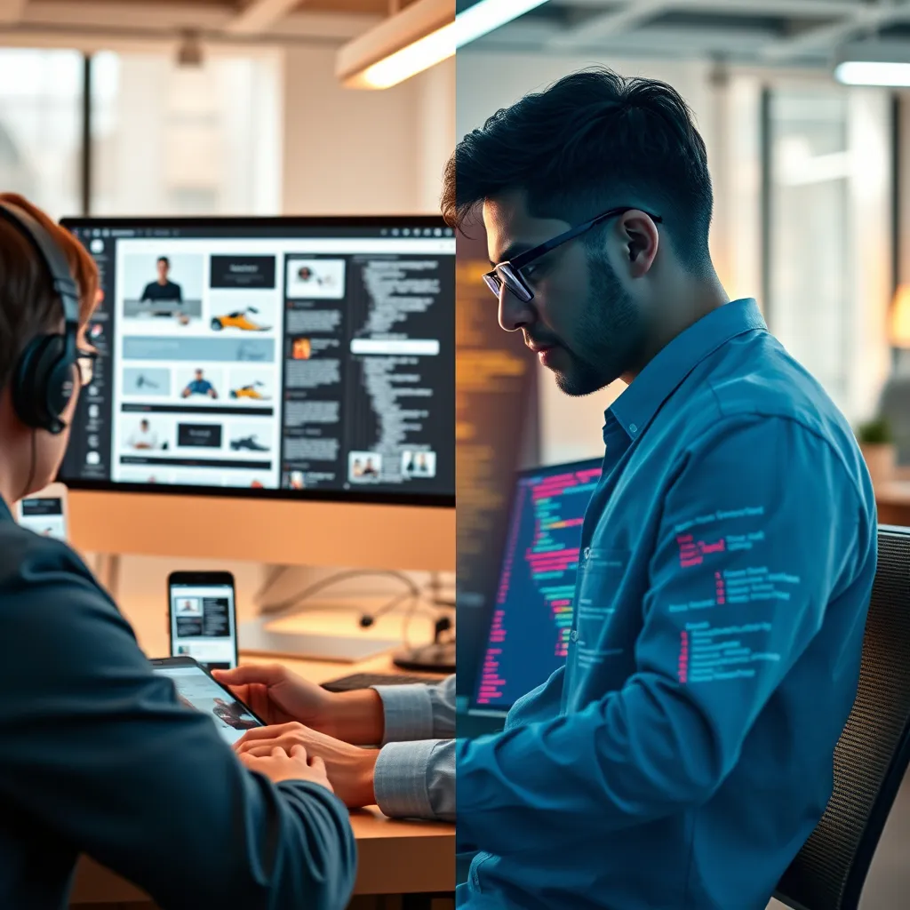 A split-screen image showing a designer working on a modern UI/UX layout on one side and a developer coding on the other. The background displays responsive design mockups transforming into live web pages across multiple devices like smartphones and tablets, with code snippets visible, in a bright, modern office environment.