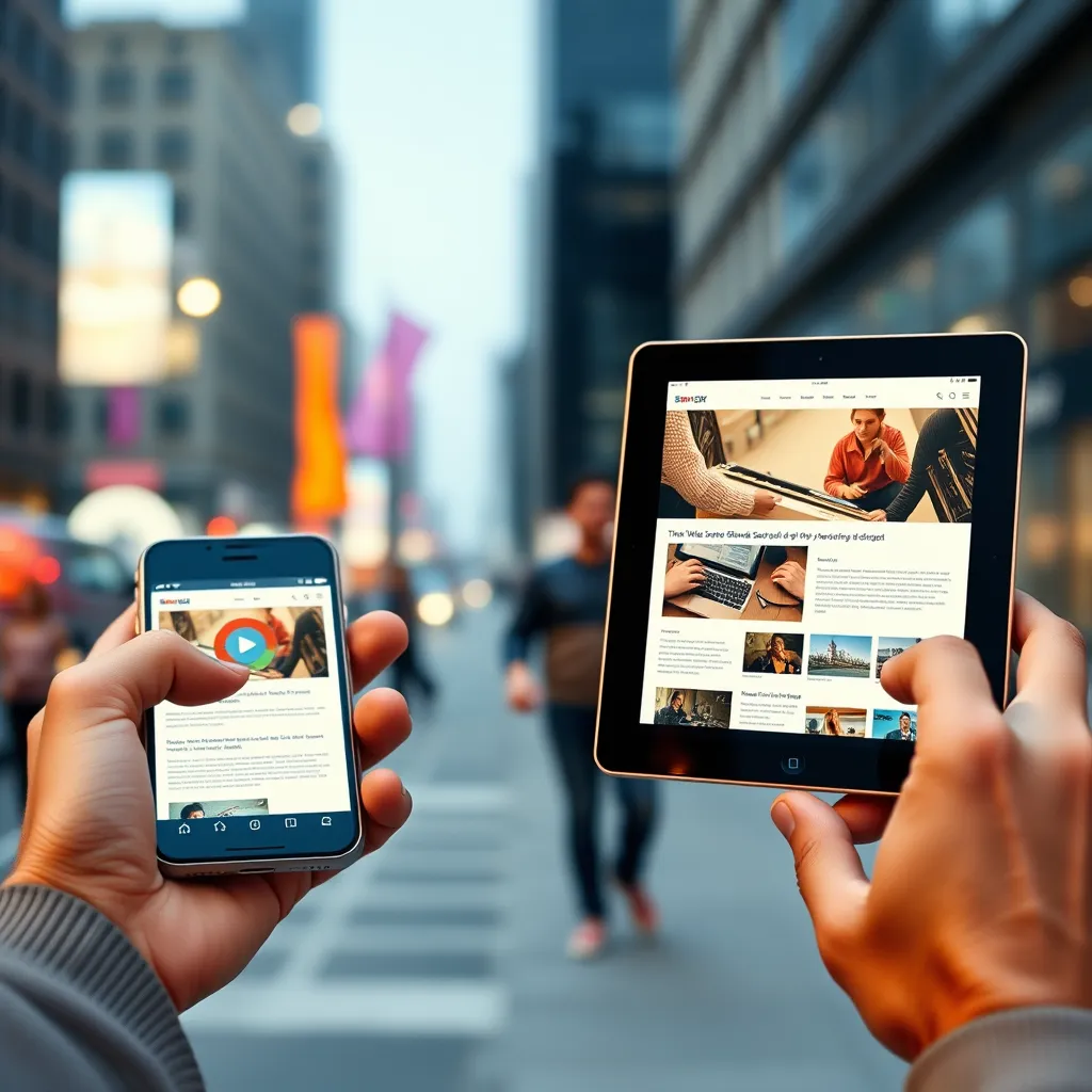 A visually engaging image showcasing a person using a smartphone and a tablet, both displaying well-designed responsive websites. Include elements like thumbs scrolling, interactive buttons, and varied screen sizes, against an urban backdrop, capturing the essence of mobile interaction.