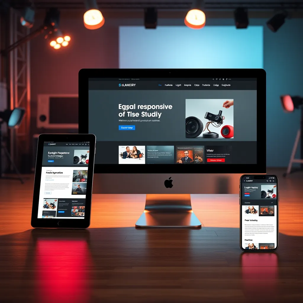 A visually engaging side-by-side comparison of a website displayed on a desktop, tablet, and smartphone. Each version shows a responsive layout, with highlighted interface elements that adapt beautifully. The background features a light design studio setting, illustrating the creation process.