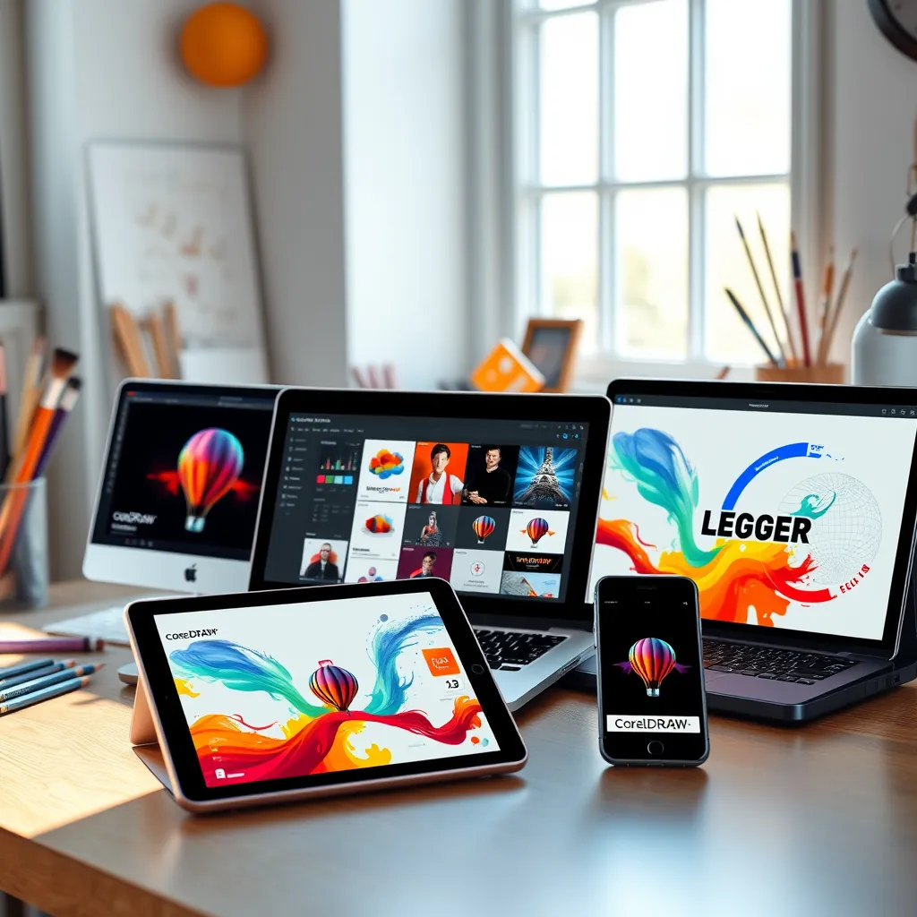 A visually striking image showcasing multiple devices including a laptop, tablet, and smartphone all displaying different designs created in CorelDRAW Graphics Suite 2024. Place them on a stylish workspace with natural lighting, emphasizing the versatility and mobility of design work, along with a creative background of colorful art supplies.