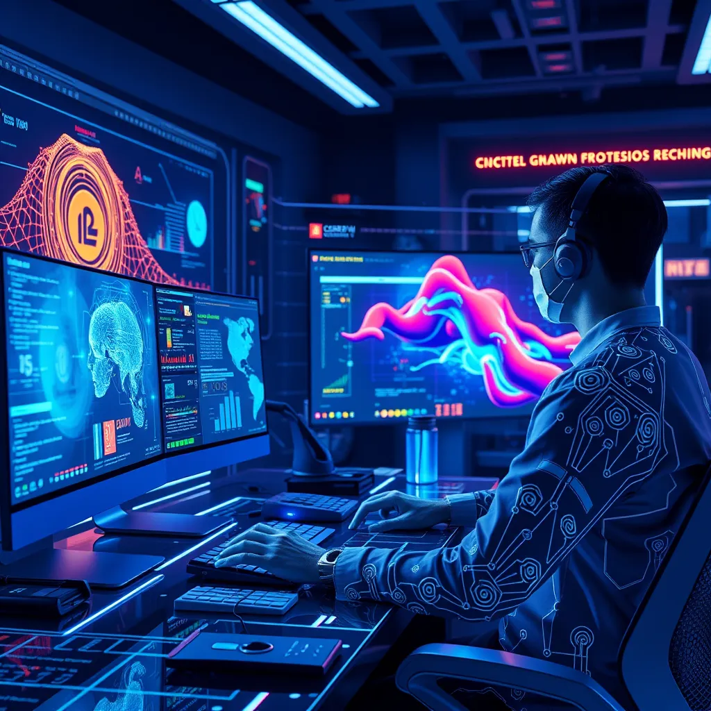 An artistic depiction of a digital workspace with a designer using CorelDRAW Graphics Suite 2024. It shows AI graphics like neural networks and smart suggestions, improving graphic design creativity.