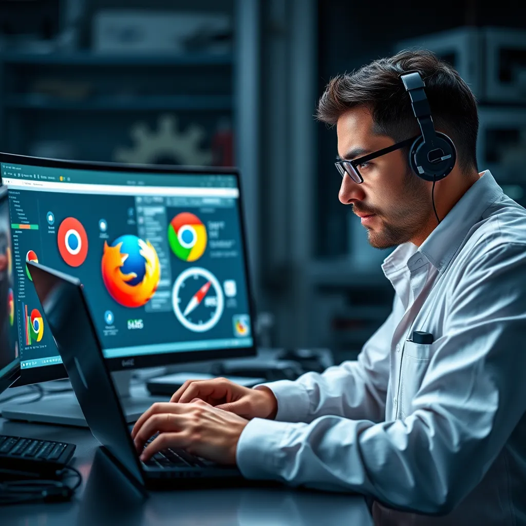 An engineer working on a laptop surrounded by multiple browser icons on the screen, showcasing different web browsers like Chrome, Firefox, Safari, and Edge. The setting should reflect a high-tech lab, emphasizing a focus on software testing and quality assurance.
