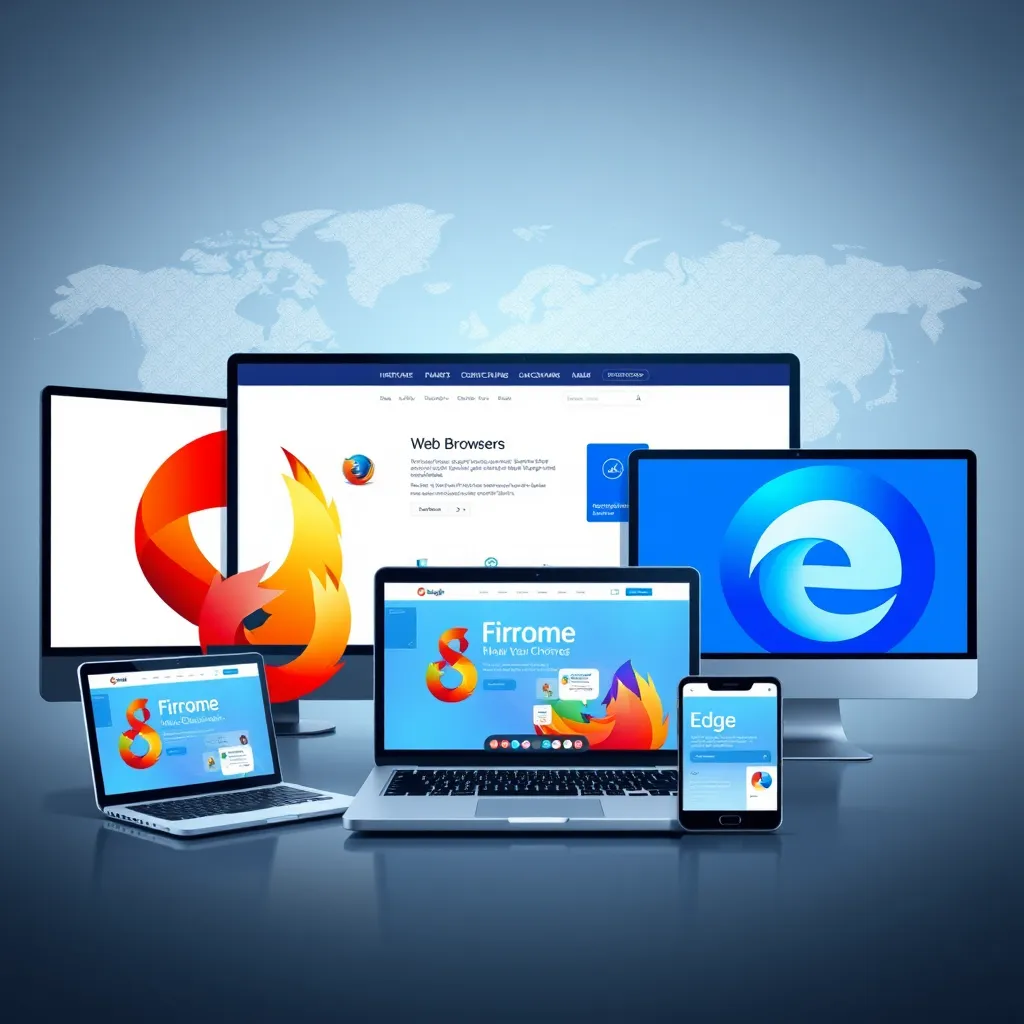 An illustrative image depicting multiple web browsers (like Chrome, Firefox, Safari, and Edge) on various screens (desktop, laptop, tablet, and smartphone) displaying the same website flawlessly. Include visual indicators of smooth functionality and a global map in the background to symbolize wide accessibility.