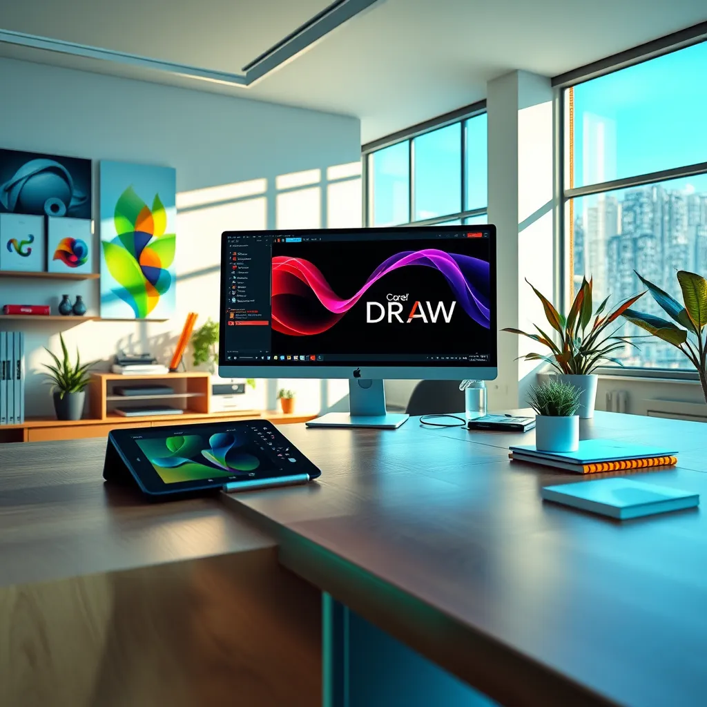 Create a photorealistic header image that visually represents the essence of VITSPRO, a professional graphic design business centered around CorelDRAW Graphics Suite 2024. The composition should feature a sleek, modern workspace with a high-end computer displaying CorelDRAW software on the screen. The lighting should be bright and inviting, with soft shadows to elicit a sense of warmth and inspiration. Use a color palette that combines vibrant blues and greens, symbolizing creativity and innovation, with accents of soft neutrals for balance. The camera angle should be a slightly elevated perspective, giving a view of the workspace with elements like a graphic tablet, colorful design prototypes, and design books in the background. Incorporate a textured wooden desk and smooth metallic surfaces to add depth. Include environmental elements like a large window with natural light streaming in and plants to enhance the aesthetic. Aim for a hyperrealistic style inspired by contemporary photography. Technical specifications: 8K resolution, ultra-high quality, and hyperrealistic details., ultra high resolution, photorealistic, 8K, hyperdetailed, cinematic lighting