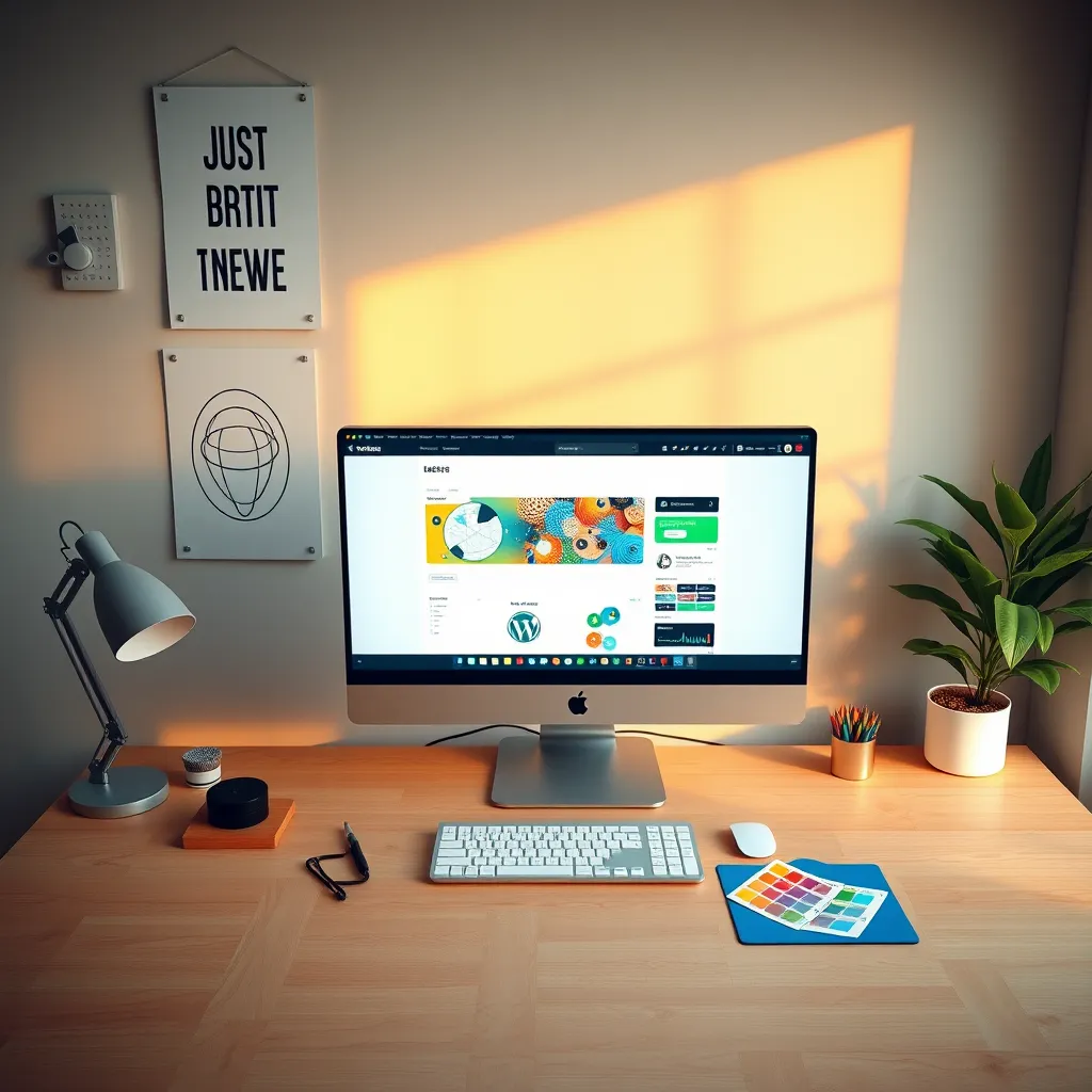 Create a photorealistic image showcasing a designer's desk with a computer screen displaying a vibrant, user-friendly WordPress interface. Soft diffused lighting illuminates the workspace, enhancing the warmth of the colors. The desk is made of light wood and features design tools, color swatches, and a stylus. In the background, a wall has motivational design posters and a potted plant, adding life to the environment. The camera angle is slightly overhead providing a clear view of the workspace as well as the monitor's content. The color palette consists of soft blues, greens, and warm wood tones creating a modern yet inviting atmosphere. Focus on hyperrealistic details, ensure all textures, including the smooth glass of the monitor and the wood grain, are ultra-detailed. Style references include 'in the style of contemporary product photography.' Technical specifications require the image to be in 8K resolution, delivering exceptional clarity and detail.