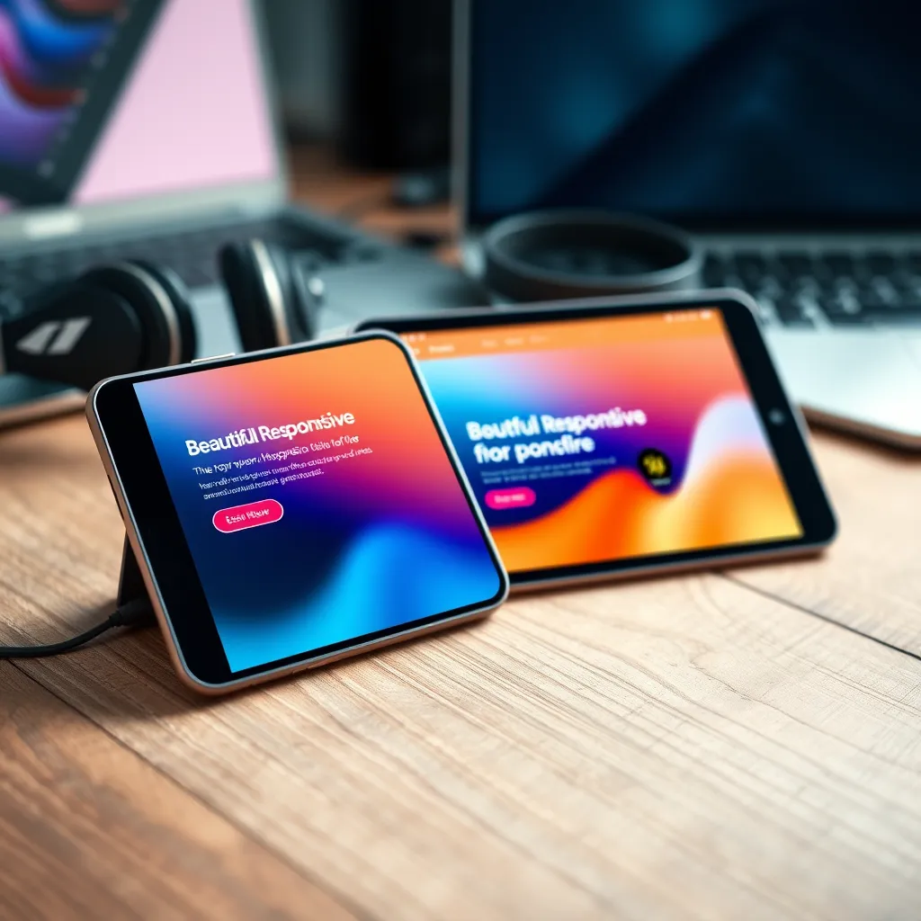 Generate an ultra-high quality image of a smartphone and tablet displaying a beautiful responsive website. The smartphones are angled towards each other on a textured wooden surface, showcasing a seamless transition of design from one device to another. Soft diffused lighting casts a gentle glow, emphasizing the sleek design and colors of the website, which features a harmonious palette of vibrant blues and oranges. The background should include blurred out tech accessories, like a laptop and headphones, enhancing the tech-savvy atmosphere. The camera angle should be eye-level, capturing the intricacies of the screens while providing an intimate view of the devices. Ensure hyperrealistic textures are visible on the screens and background props, detailed enough to illustrate the quality of the mobile experience. Style references might include ‘in the style of clean tech photography.' The image should be in 8K resolution, showcasing exquisite detail and depth.