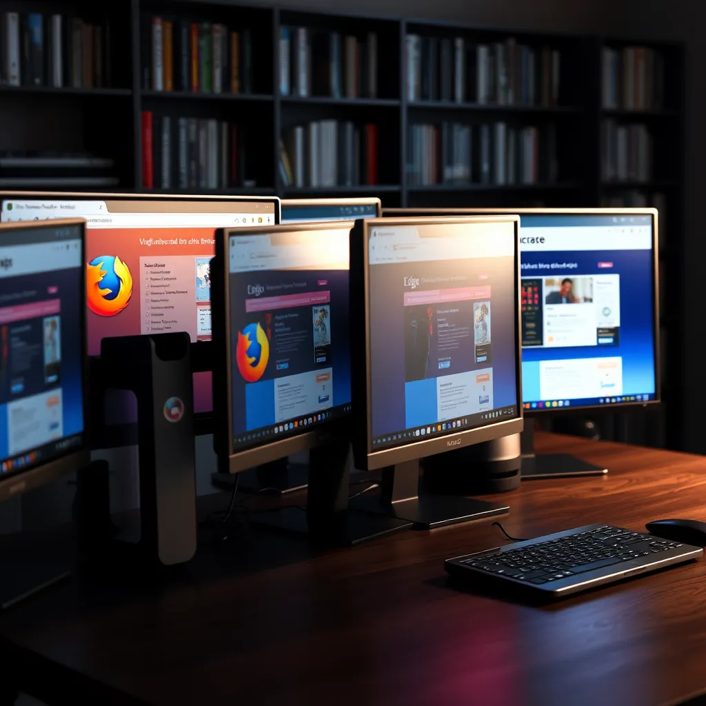 Visualize an ultra-detailed scene depicting multiple computer monitors displaying a variety of web browsers (Chrome, Firefox, Safari, Edge) with the same website open. The monitors are arranged on a modern office desk composed of dark wood and metal accents. Dramatic side lighting highlights the screens and creates an engaging contrast between light and shadow, while the monitors glow with colorful web content in a balanced palette of pastel shades. The background of the scene features a stylish bookshelf filled with tech books, enhancing the scholarly feel. The camera angle should be at a slight diagonal, capturing the depth of the workspace while featuring the fidelity of the displayed websites. Each browser's window should exhibit minor design differences, showcasing the importance of compatibility testing. Focus on hyperrealistic details in textures, especially in the glow of the screens and the smoothness of the desk surface. Style references include 'in the style of modern office photography.' The image must be in 8K resolution, ensuring sharpness and clarity.