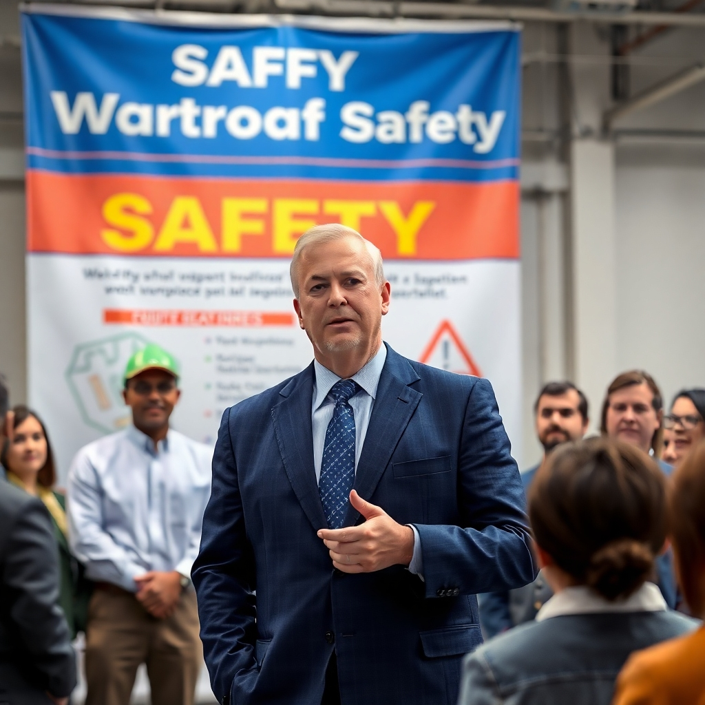 A photorealistic image of a company CEO addressing employees about workplace safety. The CEO is standing in front of a safety banner, surrounded by attentive employees. The scene should be well-lit and professional. The color palette should be corporate and trustworthy, with blues and grays dominating. The camera angle should focus on the CEO and the employees. Texture details, such as the fabric of the CEO's suit and the faces of the employees, should be rendered with high quality. Style reference: Corporate and leadership photography. Technical specs: 4K resolution, high-quality rendering.