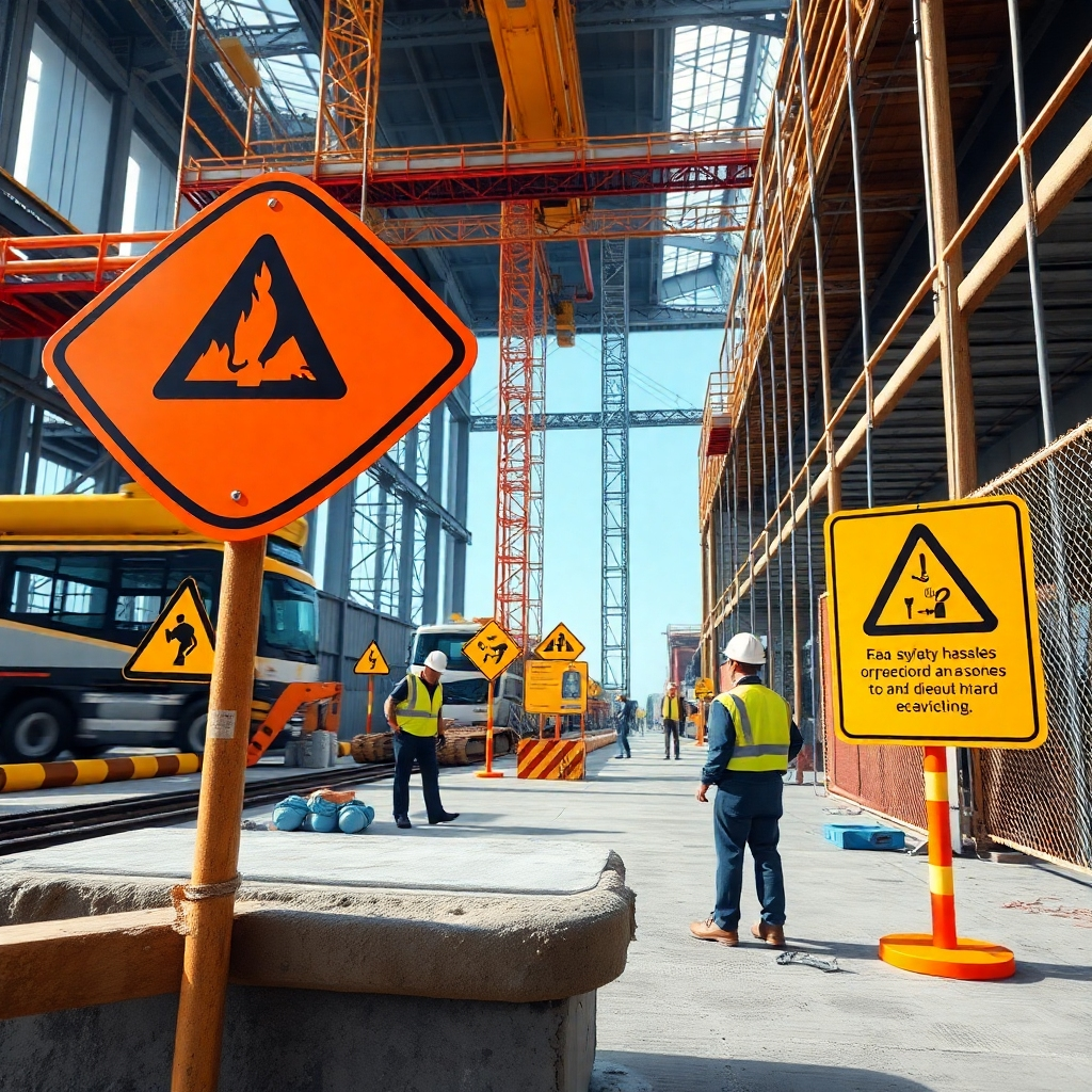  A photorealistic image of a construction site with various safety hazards clearly marked with warning signs. The scene should be brightly lit, emphasizing the visibility of the hazards. The composition should be dynamic, capturing the busy nature of the construction site while highlighting the importance of safety protocols. The color palette should be dominated by safety yellow and orange, drawing attention to the potential dangers. The camera angle should be slightly low, emphasizing the scale and complexity of the construction site. Texture details, such as the rough surfaces of concrete and the sharp edges of metal, should be rendered with hyperrealistic detail. The environment should include various pieces of heavy machinery, scaffolding, and workers wearing safety gear. Style reference: Industrial photography with a focus on safety and realism. Technical specs: 4K resolution, high-quality rendering.