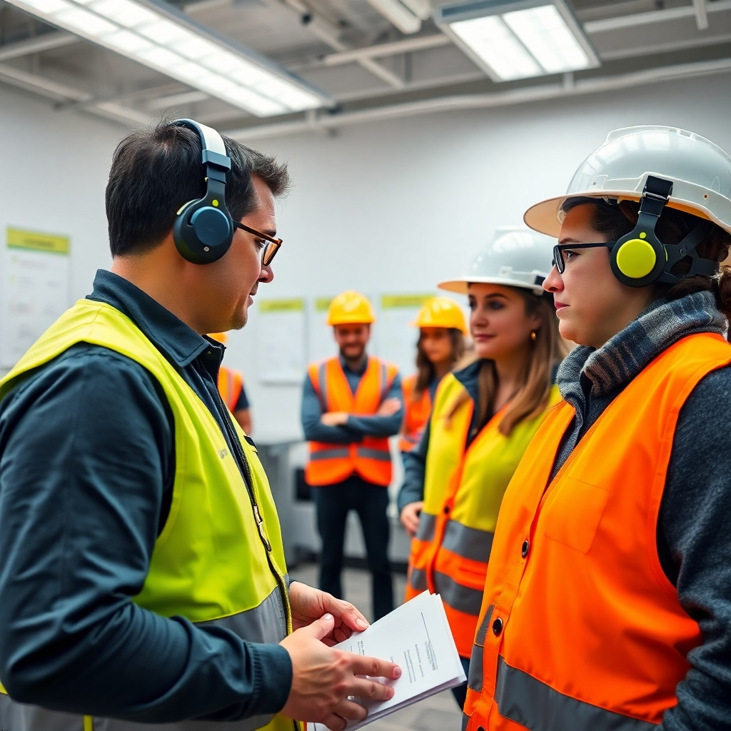  A photorealistic image of a group of employees participating in a safety training session. The instructor is demonstrating the proper use of safety equipment, while the employees are attentively listening and practicing. The scene should be brightly lit, conveying a sense of engagement and learning. The composition should be focused on the interaction between the instructor and the employees. The color palette should be vibrant and inviting, with accents of safety yellow and green. The camera angle should be slightly low, emphasizing the importance and impact of the training. Texture details, such as the fabric of safety vests and the smooth surfaces of equipment, should be rendered with hyperrealistic detail. The environment should be a clean and organized training room with safety posters in the background. Style reference: Modern, corporate photography with a focus on human connection and technological advancement. Technical specs: 4K resolution, high-quality rendering.