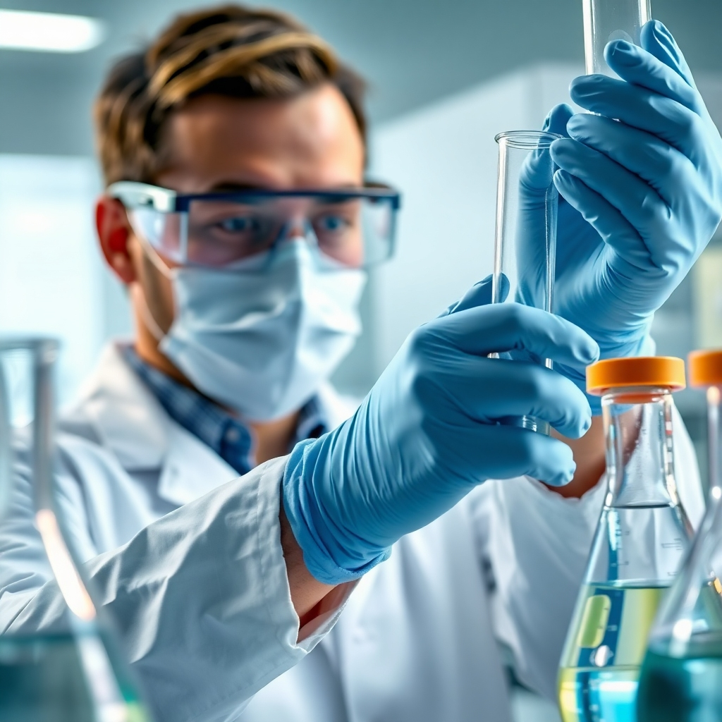 A photorealistic image of a laboratory technician safely handling chemicals. The technician is wearing appropriate personal protective equipment (PPE), including gloves, goggles, and a lab coat. The scene should be well-lit, emphasizing the safety protocols. The color palette should be professional and clean, with whites and blues dominating. The camera angle should focus on the technician's hands and the chemical containers. Texture details, such as the glass of the beakers and the material of the gloves, should be rendered with high quality. Style reference: Scientific and professional photography. Technical specs: 4K resolution, high-quality rendering.