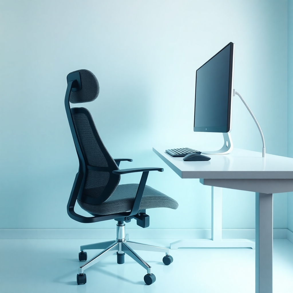 A photorealistic image of a properly set up ergonomic workstation. The scene should feature an adjustable chair, monitor at eye level, keyboard and mouse positioned correctly, and adequate lighting. The color palette should be calming and inviting, with soft blues and greens. The camera angle should focus on the setup, highlighting the key ergonomic features. Texture details, such as the fabric of the chair, the smooth surface of the desk, and the screen of the monitor, should be rendered with high quality. Style reference: Clean, modern office photography. Technical specs: 4K resolution, high-quality rendering.