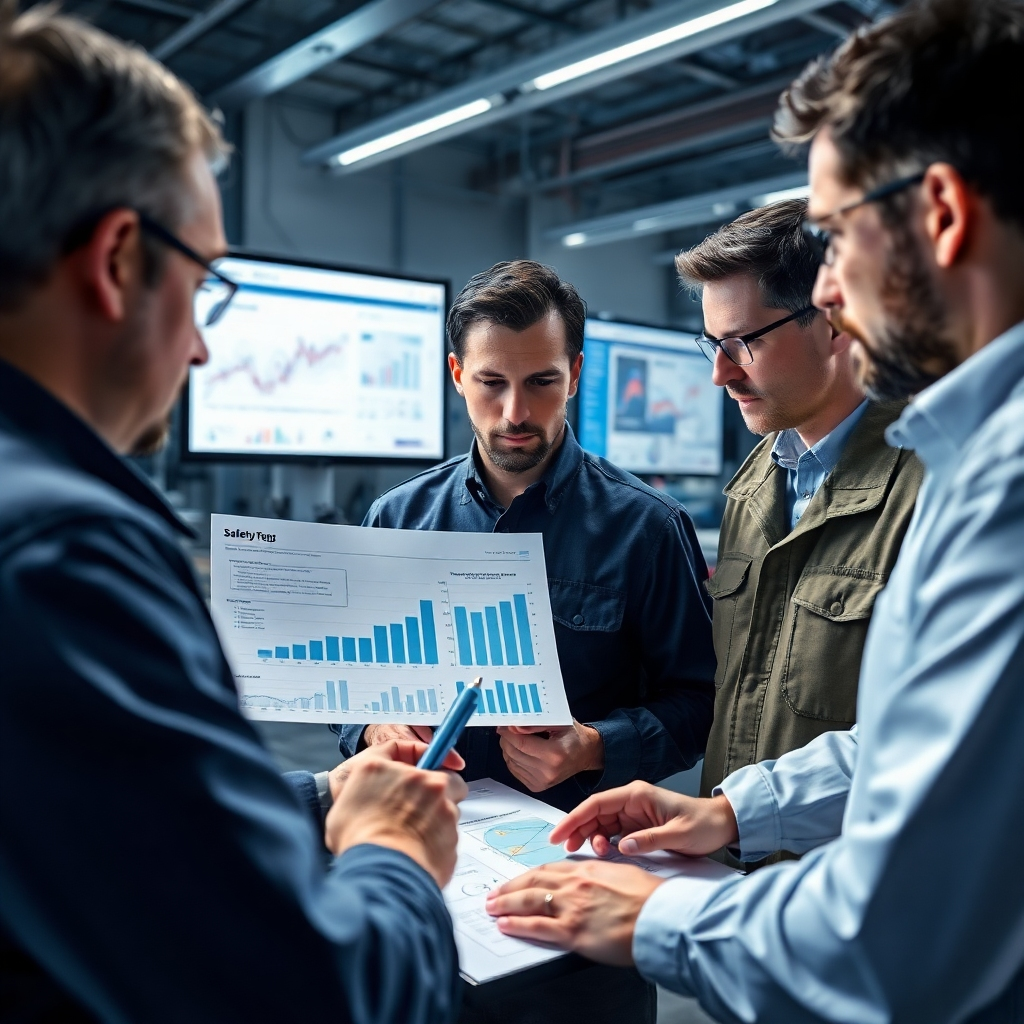 A photorealistic image of a safety team reviewing safety data and identifying areas for improvement. The team is looking at charts and graphs, discussing potential solutions. The scene should be data-driven and analytical. The color palette should be serious and focused, with blues and grays dominating. The camera angle should focus on the charts and the faces of the team members. Texture details, such as the paper, screens, and clothing of the team members, should be rendered with high quality. Style reference: Data analysis and review photography. Technical specs: 4K resolution, high-quality rendering.