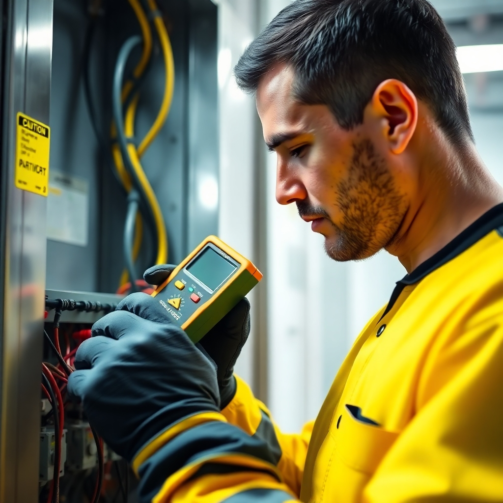 A photorealistic image of an electrician inspecting electrical equipment. The electrician is using a multimeter to check for faults. The scene should be well-lit, highlighting the safety aspects of the task. The color palette should be caution-oriented, with yellows and blacks. The camera angle should focus on the electrician's hands and the equipment being inspected. Texture details, such as the wires, the metal casing, and the electrician's gloves, should be rendered with high quality. Style reference: Industrial and safety-focused photography. Technical specs: 4K resolution, high-quality rendering.
